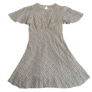 GB Girls Polka Dot Fit & Flare Mini Dress Flutter Sleeve V-Neck Cream Black Sz S